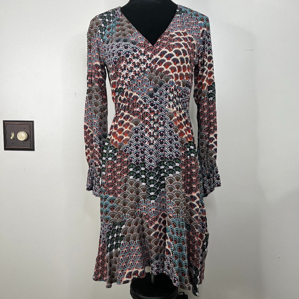 Maeve by Anthropologie Geometric Quirky Printed 70s Vibes Long Sleeve Dress